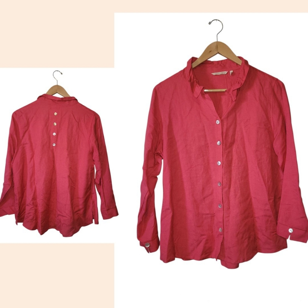 Soft Surroundings Linen Blend Pink Tunic PXL Button Up Ruched Collar Shirt Top